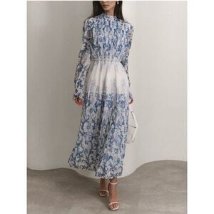 Commense Blue and White Ruffled Tie Front Gown